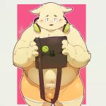  bag blush bottomless bulge canid canine clothed clothing headphones looking_at_viewer male mammal navel nervous overweight quanjiang shy solo sticker thick_thighs topless underwear yellow_underwear 