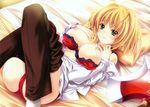  absurdres ahoge aqua_eyes axe bangs bed blonde_hair bow bow_bra bra breasts copyright_request dress_shirt highres large_breasts lingerie looking_at_viewer lying miyama-zero nipples on_back panties pillow red_panties seductive_smile shirt smile solo underwear weapon 