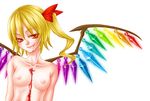  bad_id bad_pixiv_id blonde_hair blood blood_on_face blood_stain breasts collarbone crystal fang flandre_scarlet glowing glowing_eyes hair_ribbon natsumoto nipples rainbow_order red_eyes ribbon short_hair side_ponytail simple_background small_breasts smile smirk solo topless touhou white_background wings 