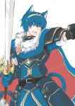  1boy alternate_costume armor blue_eyes blue_hair cape falchion_(fire_emblem) fire_emblem fire_emblem:_monshou_no_nazo fire_emblem_heroes gloves male_focus marth nintendo qumaoto short_hair solo sword tiara weapon 