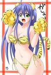  ahoge animal_ears animal_print bikini blue_hair green_eyes long_hair mikagami_sou original paws side-tie_bikini solo swimsuit tail tiger_ears tiger_print tiger_tail 