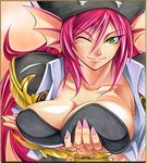  ;) anne_sirena breast_lift breasts calnarsa cleavage green_eyes hat head_fins large_breasts marker_(medium) mermaid millipen_(medium) mole monster_girl nail_polish one_eye_closed orange_background pink_nails pirate_hat red_hair shikishi slit_pupils smile solo super_robot_wars super_robot_wars_og_saga_mugen_no_frontier traditional_media 