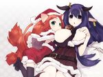  animal_ears bell belt black_gloves black_legwear breast_sucking breasts cat_ears cat_tail christmas cow_bell cow_ears cow_girl cow_tail ear_tag elbow_gloves gloves green_eyes hat highres horn_ribbon horns large_breasts long_hair multiple_girls original purple_eyes purple_hair red_hair ribbon sack santa_costume santa_hat tail thighhighs unaji very_long_hair wallpaper yuri 