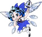  azito7 blue_eyes blue_hair bow cirno frog full_body grin hair_bow highres mary_janes md5_mismatch shoes short_hair smile solo thighhighs touhou transparent_background wings 