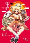  2010 animal_ears arrow bird blonde_hair blush breasts cat cleavage cup eggplant grin hamaya hatsuyume hawk highres hoppege japanese_clothes kimono large_breasts long_hair mount_fuji mountain new_year original sakazuki smile solo tabi tail tiger_ears tiger_tail turtle yellow_eyes 