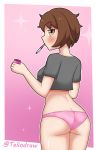  1girl ass breasts brown_eyes brown_hair butt_crack creatures_(company) eyebrows female_protagonist_(pokemon_swsh) game_freak looking_back matching_hair/eyes nintendo panties pokemon pokemon_swsh shirt short_hair solo teliodraw toothbrush underwear 