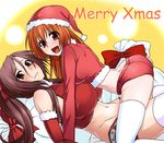  695_(mukuko) ass bad_id bad_pixiv_id blush breast_envy breasts brown_eyes brown_hair christmas huge_breasts long_hair medium_breasts midriff multiple_girls navel original ponytail santa_costume shorts smile thighhighs yuri 