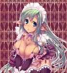  blush bow bra breast_squeeze breasts cleavage covered_nipples dark_elf elf green_hair large_breasts lingerie maid maid_headdress original panties pointy_ears shimakaze solo tan thighhighs underwear 