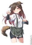  1girl animal_ears arashio_(kantai_collection) arm_warmers bangs bike_shorts blush brown_eyes brown_hair closed_mouth collar collarbone collared_shirt commentary_request dog_ears dog_tail ebifurya eyebrows_visible_through_hair hair_between_eyes highres kantai_collection long_hair looking_at_viewer paw_pose pleated_skirt school_uniform shirt simple_background skirt smile solo standing suspenders tail white_background white_shirt 