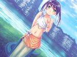  1girl bubuzuke game_cg green_eyes lake lamia lamia_hygieia long_hair mamono_musume_to_no_seikatsu_~lamia_no_baai~ mamonomusume_to_no_seikatsu mamonomusume_to_no_seikatsu_~ramia_no_baai~ monster_girl purple_hair skirt sky solo younger 