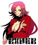  blue_eyes breasts character_name cleavage fate/extra fate_(series) francis_drake_(fate) large_breasts long_hair mgk968 pink_hair scar simple_background solo stencil_lettering upper_body white_background 