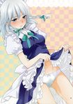  blue_eyes blush bow braid dress dress_lift hair_bow highres izayoi_sakuya machiko_(beard) maid non-web_source panties pee peeing peeing_self short_hair silver_hair solo tears touhou twin_braids underwear white_panties 