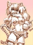  animal_ears bikini bikini_top breasts cameltoe cleavage copyright_request elbow_gloves fang fur gloves hisahiko hug large_breasts micro_bikini monochrome multiple_girls one_eye_closed paw_gloves paw_shoes paws shoes swimsuit tail thighhighs 