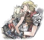  2boys basch_fon_ronsenburg blonde_hair diabolism eyes_closed facial_hair final_fantasy final_fantasy_xii fingerless_gloves gloves hold holding kiss lap male male_focus multiple_boys navel open_clothes open_shirt shirt short_hair toujou_sakana vaan yaoi 