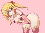  artist_request ass blonde_hair blush breasts character_request cleavage covering heart nipples pasties purple_eyes source_request thong 