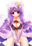  blush bra breasts cleavage covered_nipples dress front-tie_top hat large_breasts lingerie long_hair open_clothes open_dress patchouli_knowledge purple_eyes purple_hair scarlet_(studioscr) sitting solo touhou underwear 