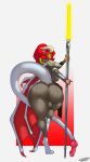  2019 anthro big_butt bulge butt clothed clothing dickgirl dragon glowing glowing_eyes hair horn intersex lightsaber penis rumpaf_(artist) solo standing star_wars tail_penis thick_thighs wings 