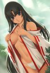  bare_shoulders black_hair blue_eyes breasts cleavage duplicate eiwa fundoshi highres japanese_clothes jpeg_artifacts kimono large_breasts lips long_hair miko open_mouth queen's_blade solo tomoe undressing 