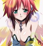  absurdres angel_wings bad_id bad_pixiv_id bare_shoulders between_breasts blush breast_squeeze breasts chain cleavage collar feathered_wings green_eyes highres ikaros large_breasts leaning_forward navel pink_wings red_hair robot_ears smile solo sora_no_otoshimono sparkle sumomo_(tyc78503012) v_arms wings 