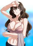  bags_under_eyes bra breasts brown_hair cleavage fura hand_on_own_head highres huge_breasts kiyama_harumi lingerie long_hair navel solo sweat to_aru_kagaku_no_railgun to_aru_majutsu_no_index underwear 