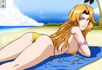  ass beach bikini bleach bracelet breasts lying matsumoto_rangiku nagano_tenzen sideboob smile swimsuit towel untied 