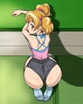  ass back blush fresh_precure! from_above from_behind hajime_(caramel_toone) huge_ass kneeling looking_back momozono_love orange_hair pink_tank_top precure red_eyes shadow short_hair short_shorts short_twintails shorts solo striped striped_legwear thighhighs twintails wide_hips 