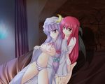  amicis bat_wings bed breast_grab breasts dress grabbing head_wings koakuma medium_breasts multiple_girls nipple_tweak nipples no_bra open_clothes open_dress panties patchouli_knowledge red_hair striped striped_panties touhou underwear wings yuri 