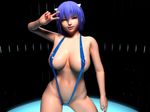  1girl 3d breasts brown_eyes dollhouse huge_breasts image_ex purple_hair short_hair sling_bikini swimsuit v 