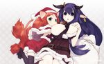  animal_ears bell belt black_gloves black_legwear breast_sucking breasts cat_ears cat_tail christmas cow_bell cow_ears cow_girl cow_tail ear_tag elbow_gloves gloves green_eyes hat highres horn_ribbon horns large_breasts long_hair multiple_girls original purple_eyes purple_hair red_hair ribbon sack santa_costume santa_hat tail thighhighs unaji very_long_hair wallpaper widescreen yuri 