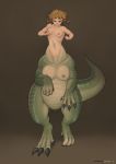  2019 brown_hair claws dinosaur dotoro_(artist) female green_scales hair navel nude reptile scales scalie solo taur 