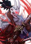  1boy covered_face dark-skinned_male dark_skin dreadlocks guilty_gear guilty_gear_strive highres holding holding_sword holding_weapon horned_mask katana levvellevvel male_focus mask nagoriyuki oni_mask samurai sword vampire very_dark_skin weapon 