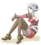  1girl arciela_v_adoulin bare_shoulders blue_eyes blush breasts brown_footwear brown_gloves brown_thighhighs closed_mouth detached_sleeves earmuffs final_fantasy final_fantasy_xi fur_trim gloves grey_hair grey_pantyhose hume jumpsuit layered_legwear layered_sleeves long_sleeves medium_breasts no_bra outstretched_arms pantyhose pink_sleeves print_legwear red_jumpsuit sakutsuki shoes short_hair short_jumpsuit sideboob sitting smile solo striped striped_thighhighs thighhighs vertical-striped_thighhighs vertical_stripes 