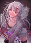  1girl absurdres ahegao all_fours alternate_hairstyle black_thighhighs bottomless bra crying crying_with_eyes_open dress_shirt drooling excessive_pussy_juice gradient_hair grey_hair hair_down heart heart-shaped_pupils highres hololive horns kneeling long_hair long_sleeves masturbation multicolored_hair nakiri_ayame oni_horns open_mouth red_bra red_eyes red_hair rolling_eyes shirt skin-covered_horns solo streaked_hair symbol-shaped_pupils tears thighhighs underwear virtual_youtuber white_shirt yoharu_tao 