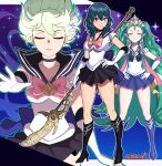  2girls absurdres alternate_costume areadbhar_(fire_emblem) bishoujo_senshi_sailor_moon blue_hair boots breasts byleth_(female)_(fire_emblem) byleth_(fire_emblem) cleavage closed_eyes enlightened_byleth_(female) fire_emblem fire_emblem:_three_houses green_hair highres knee_boots looking_at_viewer multiple_girls official_alternate_hair_color pointy_ears polearm sailor_senshi_uniform sarukaiwolf scene_reference school_uniform serafuku skirt smile sothis_(fire_emblem) tiara weapon 