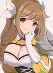  armor black_corset bow breasts brown_eyes brown_hair corset fire_emblem fire_emblem_engage gloves goldmary_(fire_emblem) hair_bow highres jacket kocha_(jgug7553) large_breasts long_sleeves mole mole_on_breast shoulder_armor side_ponytail white_bow white_gloves yellow_jacket 