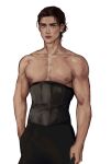  1boy absurdres black_corset black_pants blustock brown_hair closed_mouth collarbone corset eren_yeager green_eyes hair_bun hand_in_pocket highres looking_at_viewer male_focus medium_hair muscular muscular_male nipples pants pectorals shingeki_no_kyojin simple_background solo standing topless_male white_background 