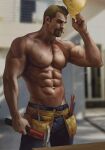  1boy abs aenaluck artist_name audec_(aenaluck) bara beard black_pants blonde_hair blurry blurry_background construction facial_hair hammer hardhat helmet highres holding holding_hammer large_pectorals male_focus mouth_hold muscular muscular_male nail navel nipples original outdoors pants pectorals short_hair solo 