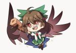  1girl :d ahoge arm_cannon bangs bird_wings black_thighhighs blush bow brown_eyes brown_hair cape chibi collared_shirt control_rod frilled_shirt_collar frills full_body green_bow green_skirt hair_between_eyes hair_bow long_hair open_mouth reiuji_utsuho shirt short_sleeves simple_background skirt smile solo sparkle starry_sky_print teeth thighhighs third_eye touhou upper_teeth_only weapon white_background white_cape white_shirt wings yayin_(yayin233) 