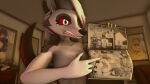  2023 3d_(artwork) angry anthro background_character bared_teeth barely_visible_nipples bedroom black_nose blurred_background breasts butt canid canid_demon canine chair claws clenched_teeth clothed clothing controller convenient_censorship demon depth_of_field digital_media_(artwork) fangs female first_person_view fur furniture game_console game_controller gesture ghost_in_the_shell grey_body grey_fur hair hellhound helluva_boss hi_res human jaskitohura looking_at_viewer loona_(helluva_boss) magazine major_motoko_kusanagi mammal manga_(object) n64_cartridge n64_console n64_controller nintendo nintendo_64 nintendo_controller nipples nude partially_clothed pointing porn_magazine pornography poster pubes red_eyes red_sclera scolding shaming sharp_claws sharp_teeth signature snarling solo solo_focus source_filmmaker tail teeth warm_colors white_body white_fur 