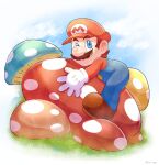  1boy blue_eyes blue_overalls boots brown_footwear co_co_mg facial_hair gloves grass hat mario mario_(series) mushroom mustache overalls red_headwear red_shirt shirt the_super_mario_bros._movie white_gloves 