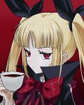  1girl absurdres bangs bbhdrrr black_capelet black_ribbon blazblue blonde_hair bow bowtie capelet closed_mouth cross cup frilled_sleeves frills hair_ribbon highres holding holding_cup long_hair long_sleeves looking_at_viewer parted_bangs popped_collar rachel_alucard red_background red_bow red_bowtie red_eyes ribbon simple_background skirt slit_pupils solo teacup thick_eyelashes twintails upper_body very_long_hair wide_sleeves 
