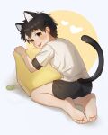  1boy absurdres animal_ears barefoot black_hair black_shorts cat_boy cat_ears cat_tail child highres legs looking_back male_child male_focus multicolored_hair original pillow rock_sugar shirt shorts soles solo streaked_hair tail toes tongue tongue_out white_hair white_shirt yellow_eyes 