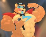  anthro barazoku bear big_nipples bodypaint bow_tie duo face_paint five_nights_at_freddy&#039;s five_nights_at_freddy&#039;s:_security_breach glamrock_freddy_(fnaf) hi_res himbo male mammal mature_male musclegut muscular nipples pecs scottgames solo steel_wool_studios taighet_28 tongue tongue_out 