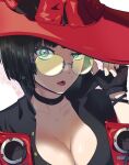  1girl absurdres adjusting_eyewear bbhdrrr black_choker black_gloves black_hair blue_eyes breasts choker cleavage fingerless_gloves glasses gloves green-tinted_eyewear green_eyes guilty_gear guilty_gear_strive hat hat_over_one_eye heterochromia highres holding i-no jacket large_breasts lips looking_at_viewer looking_over_eyewear mole mole_above_mouth mole_under_eye parted_lips partially_unbuttoned red_jacket red_lips rimless_eyewear short_hair solo sunglasses tinted_eyewear upper_body venus_symbol witch_hat 