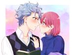  1boy 1girl argyle argyle_sweater artist_name bangs blue_sweater blush bob_cut book border breasts collared_shirt grey_hair hand_on_another&#039;s_chest holding holding_book imminent_kiss krudears looking_at_another medium_breasts noses_touching parted_lips pink_hair profile protagonist_(tokimemo_gs3) purple_eyes red_eyes shirt shitara_seiji short_hair sweater sweater_vest tokimeki_memorial tokimeki_memorial_girl&#039;s_side_3rd_story turtleneck turtleneck_sweater twitter_username upper_body white_border white_shirt 
