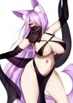  1girl animal_ear_fluff animal_ears arm_up armpits artist_name bangs bare_shoulders blue_eyes blush breasts fox_ears foxykuro hair_over_one_eye highres kurona_reole large_breasts long_hair looking_at_viewer navel original parted_lips pelvic_curtain purple_hair see-through simple_background smile solo thighs very_long_hair white_background 