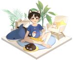  1boy absurdres animal_ears barefoot black_hair blue_shirt bow bowtie cat cat_boy cat_ears cat_tail chair child hand_on_own_thigh highres looking_at_viewer male_child male_focus multicolored_hair nasa_logo open_mouth original plant print_shirt red_bow red_bowtie rock_sugar shark_print shirt short_sleeves shorts sitting sleeping smile star_pillow stuffed_animal stuffed_shark stuffed_toy tail teddy_bear yellow_shorts 