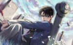  1boy arms_on_knees artist_name bird black_hair black_necktie blue_jacket cloud cloudy_sky collared_shirt cropped_legs day flower formal grass graveyard ground hair_over_eyes hat highres jacket levi_(shingeki_no_kyojin) looking_to_the_side male_focus necktie neri_aot open_mouth outdoors petals rose rose_petals shingeki_no_kyojin shirt short_hair sitting sky solo suit sunlight teeth tombstone twitter_username upper_teeth_only white_bird white_flower white_rose white_shirt 