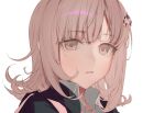  1girl bangs black_jacket collared_jacket collared_shirt danganronpa_(series) danganronpa_2:_goodbye_despair english_commentary grey_shirt hair_between_eyes hair_ornament heikokuru1224 jacket light_brown_hair looking_at_viewer nanami_chiaki open_clothes open_jacket pink_eyes shirt short_hair simple_background solo spaceship_hair_ornament teeth upper_body white_background 