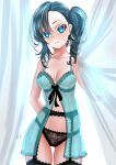  1girl artist_name asymmetrical_bangs babydoll backlighting bangs black_garter_belt black_panties black_thighhighs blue_eyes blue_hair commentary cowboy_shot curtains drill_hair green_babydoll highres kein_hasegawa lace lace-trimmed_babydoll lace-trimmed_garter_belt lace-trimmed_panties lace-trimmed_thighhighs lace_panties lace_trim lingerie looking_at_viewer medium_hair original panties parted_lips side_drill side_ponytail signature smile solo standing thighhighs underwear 